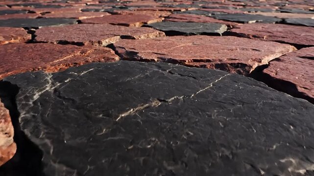 Close up of natural stone paving slabs in red and black colors.