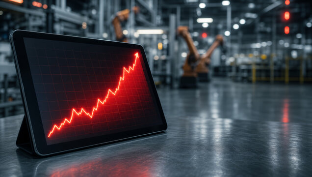 Digital tablet with glowing red upward graph, industrial factory background, robotics, technology growth, futuristic, success, innovation