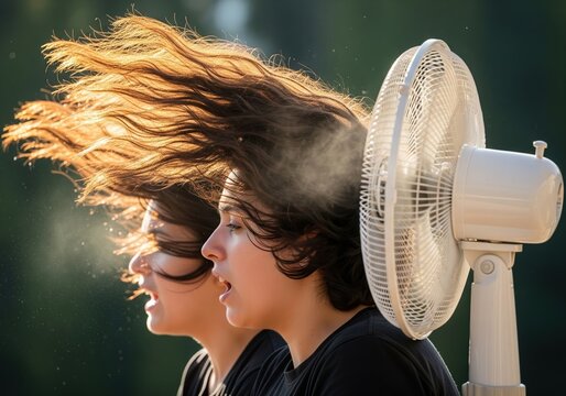 Two Young Women Cooling Off With A Mist Fan In The Summer Heat Outside