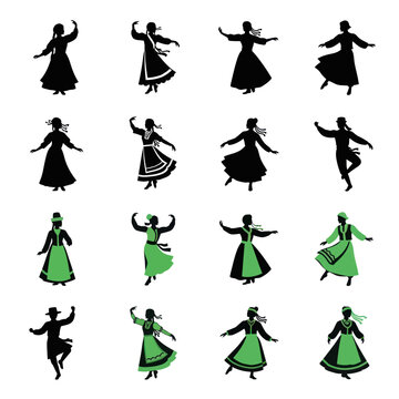Set of Traditional Folk Dancers in Silhouette and Green Outfits