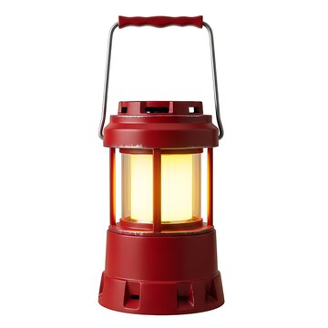 Red lantern style camping lantern lit indoors