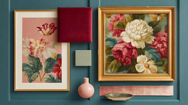 Designing a room with a vintage floral theme, combining artwork, textile samples, and complementary colors