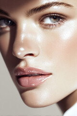 Fototapeta premium Woman showing radiant, glowing skin with natural makeup, highlighting beauty and healthy complexion