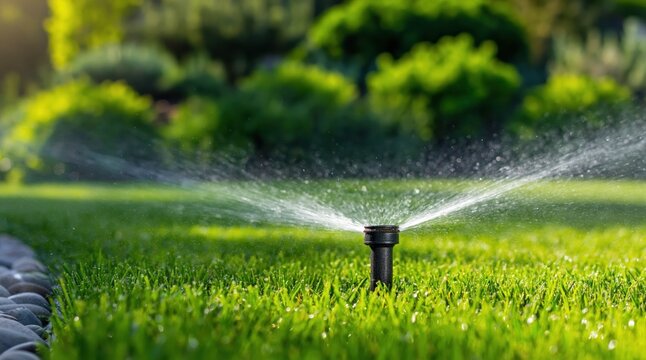 Sprinkler watering lush green garden lawn with automatic irrigation system spray