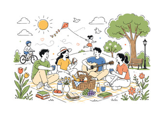 Obraz premium Outdoor Relaxation Gathering. Bright vector illustration featuring picnic baskets, sandwiches, and playful park activities surrounded by geometric nature accents and soft shadow layers. Smooth organic
