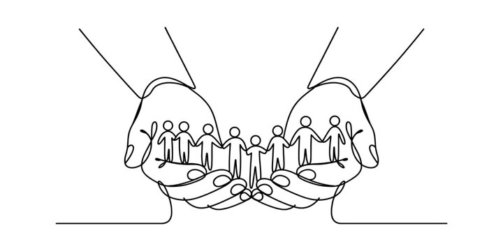 Hands holding a line of people figures, single line drawing, representing unity and community Vector, illustration