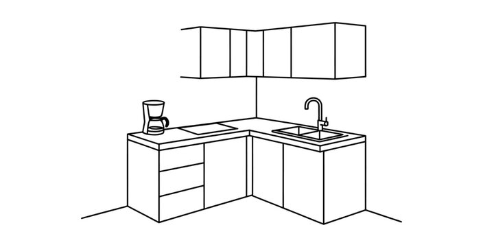 Simple line drawing of a corner kitchen counter with sink, stove, coffee maker, and cabinets Vector, illustration