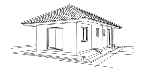 Simple house sketch with tiled roof and windows, architectural drawing illustration Vector, illustration © Continues One Line D