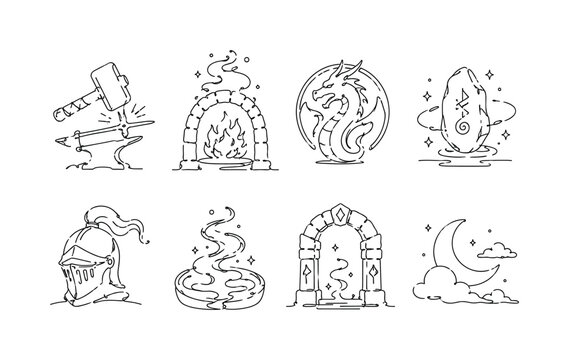 "Mystical forge creating powerful fantasy swords". Minimalistic set one-line drawing [hammer striking sword, enchanted forge fire, dragon emblem, floating rune stone, armor helmet, molten metal swirl,