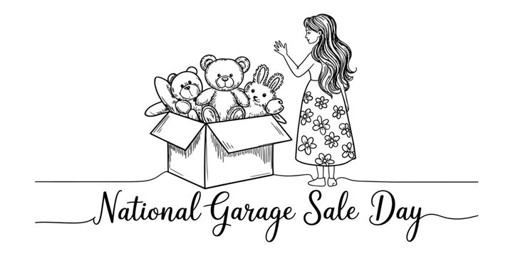 Woman waving near box of teddy bears and bunny toys celebrating national garage sale day illustration Vector, illustration