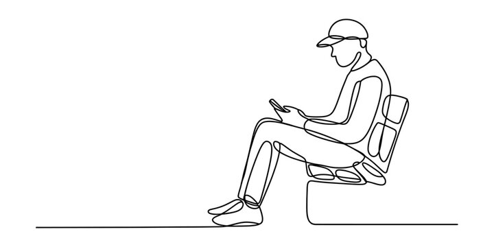 Man wearing a baseball cap sitting on a chair and looking at his smartphone, single line drawing Vector, illustration