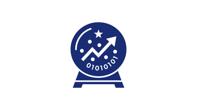 A blue icon showing a crystal ball with a rising arrow and binary code