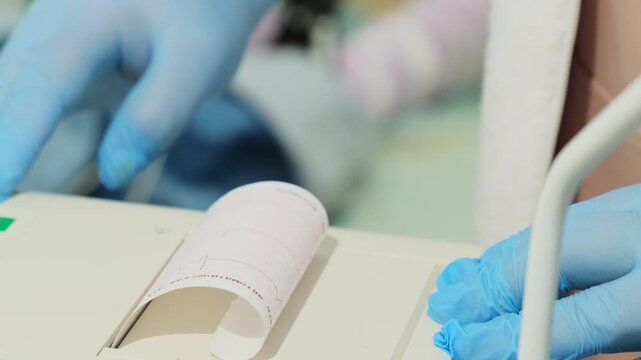 Medical worker collects printed result from diagnostic machine after test. Specialist takes paper strip checking recorded data for patient exam