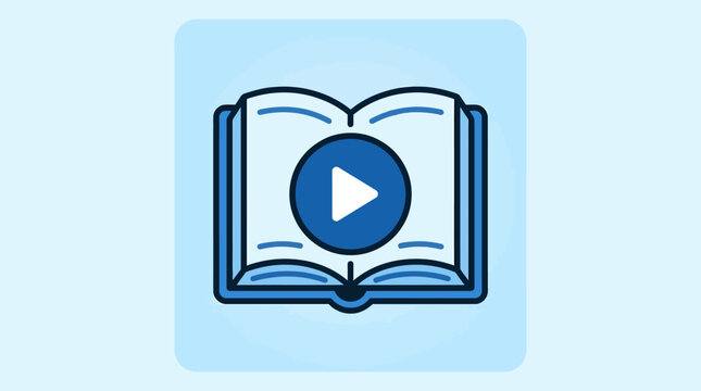 A blue icon showing an open book with a play button symbol in the center