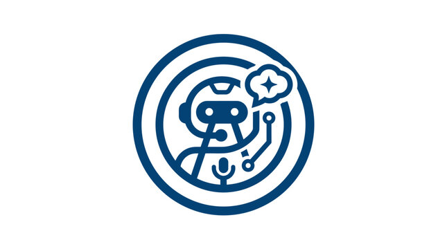 A blue circular icon featuring a stylized robot head with a speech bubble