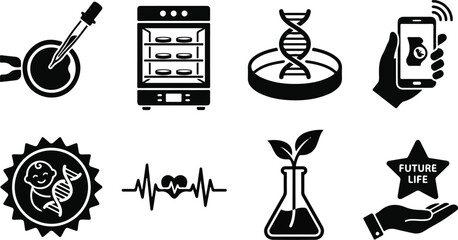 Obraz premium Comprehensive IVF and biotechnology icon set featuring genetic engineering DNA research laboratory equipment and future life fertility concepts