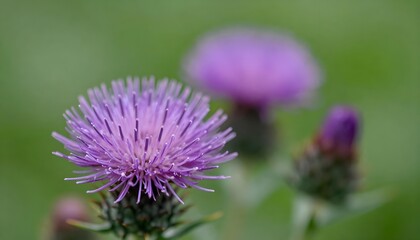 Fototapeta premium Close-up of vibrant purple thistle flowers with soft focus background