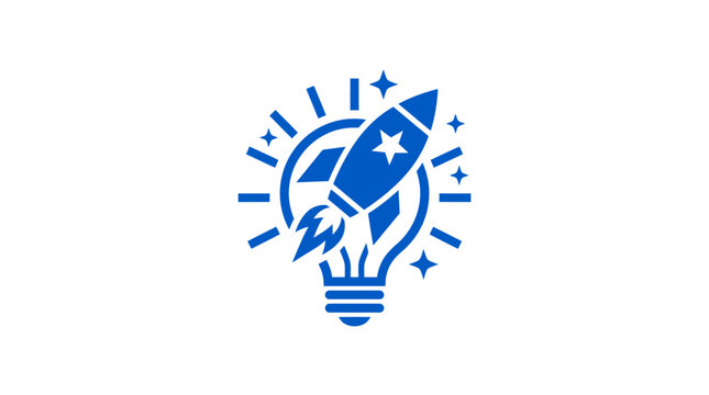 A blue icon showing a rocket ship launching from inside a glowing light bulb