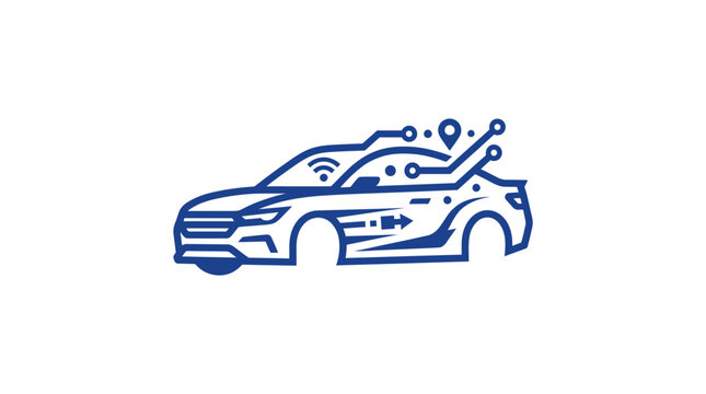 A blue line art icon of a modern connected vehicle on a white background