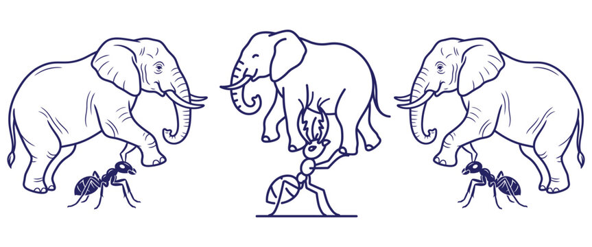 Abstract line art illustration representing strength and unity featuring ants lifting heavy elephants on white background showing teamwork concept art.