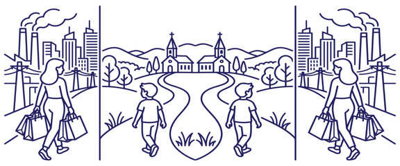 Obraz premium Complex mirror illustration comparing urban city life with rural mountain landscape featuring people walking along paths toward different destinations.