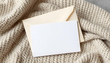 Fototapeta premium Cozy flat lay with blank card and envelope on textured knit blanket