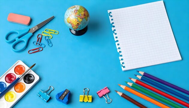 Flat lay of colorful school supplies arranged on a vibrant blue background