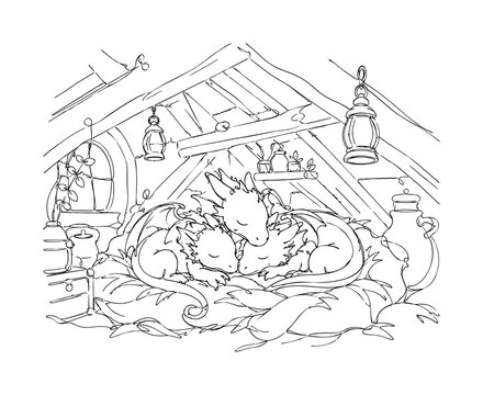 "Hidden Nest". Minimalistic one-line drawing dragon hatchlings sleeping together in a cozy attic filled with wooden beams and tiny lanterns, continuous single black line on white background, simple