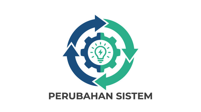 A circular arrow icon surrounding a gear and lightbulb symbol for business concepts