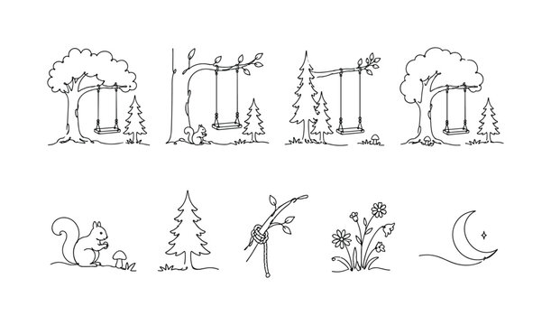 "Forest Tree Swing". Minimalistic set one-line drawing [forest tree swing, pine tree, curved branch, rope knot, small squirrel, mushroom, wildflowers, crescent moon], continuous single black line on