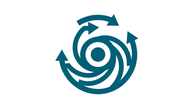 A blue circular icon featuring multiple arrows pointing in a clockwise direction