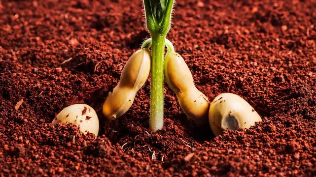 Closeup of bean seeds sprouting roots and stem in rich soil.