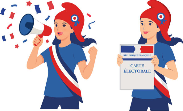 &Eacute;lections municipales et pr&eacute;sidentielle, Marianne fran&ccedil;aise coiff&eacute;e du bonnet phrygien tenant une carte d&rsquo;&eacute;lecteur, illustration infographique sur le vote et la d&eacute;mocratie en France.
