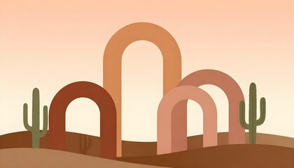 Fototapeta premium Minimalist desert landscape with stylized arches and cacti in warm earthy tones