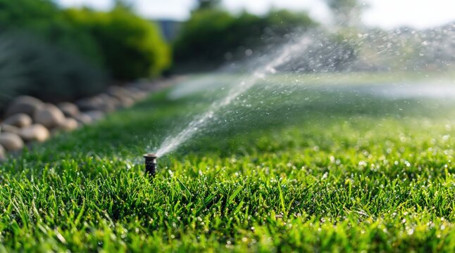 Sprinkler watering vibrant green lawn grass in backyard irrigation system automatic water