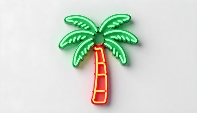 Vibrant neon palm tree sign glowing brightly on a clean white background