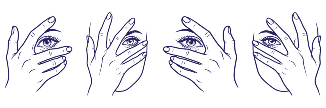 Woman peeking through fingers eye glimpse shy curious observing illustration outline.