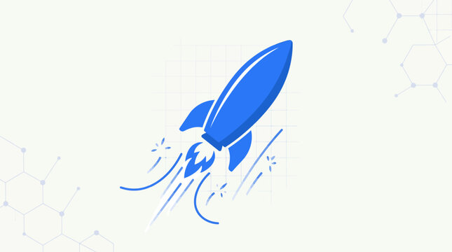 A blue rocket ship illustration flying upwards on a light background