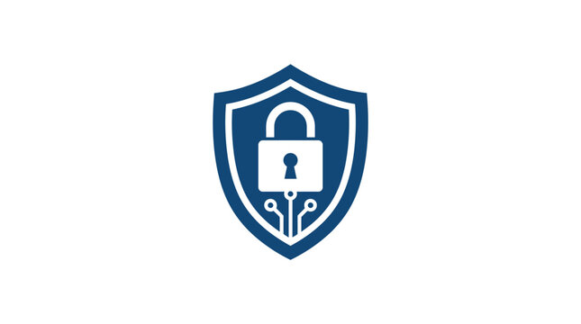 A blue shield icon featuring a digital padlock symbol for data security concepts