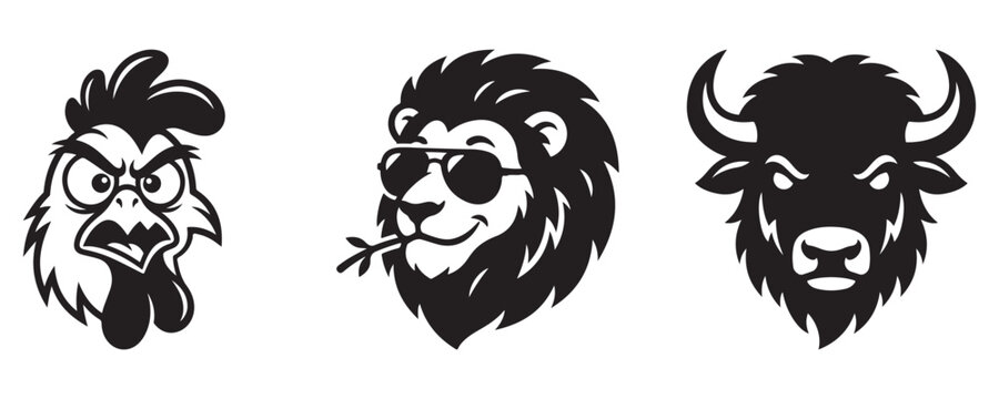 Vector illustration of black silhouettes of rooster lion and bison heads on white background