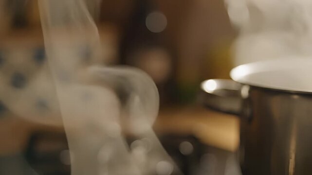 Closeup of steam rising from a pot during cooking process.