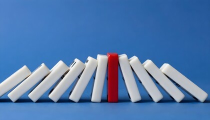 Fototapeta premium Red domino stands firm against falling white dominoes in a chain reaction