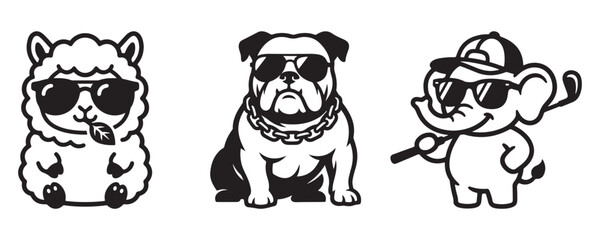 Obraz premium Vector illustration of black and white vector illustration of animals wearing sunglasses and accessories
