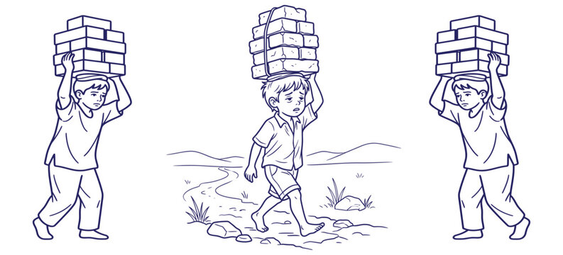 Three line art illustrations depicting young boys carrying heavy stacks of bricks on their heads, symbolizing child labor and hardship.