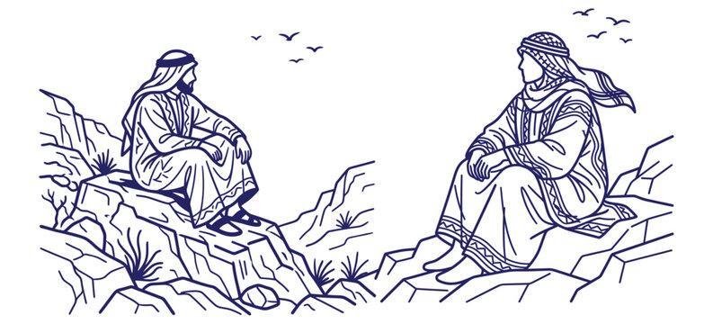 Arabian men sitting on rocky mountain peaks wearing traditional dishdasha and ghutra looking at horizon with flying birds in line art illustration.