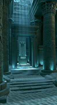 An Osiris-inspired funerary throne room lies deep underground. Monumental carved pillars and spectral green-blue light surround an empty throne that radiates divine authority.