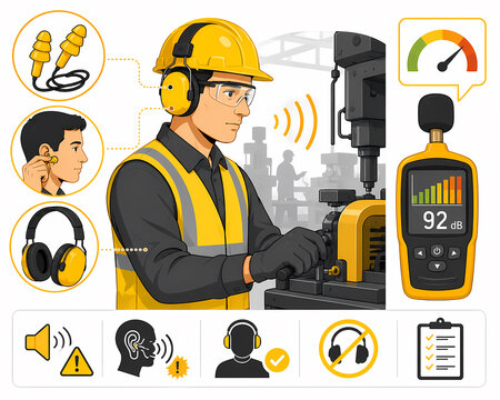 Noise exposure hearing protection workplace illustration