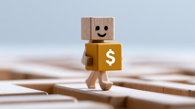 Wooden figure Compensation payments, Providing money paying salaries and grants, Wooden Figure Carrying Glowing Package Represents Salary Concept in Business Finance Context