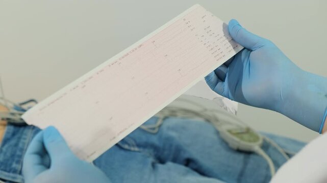 Healthcare worker studies long diagnostic paper with test readings. Specialist holds result strip above patient checking recorded signal patterns