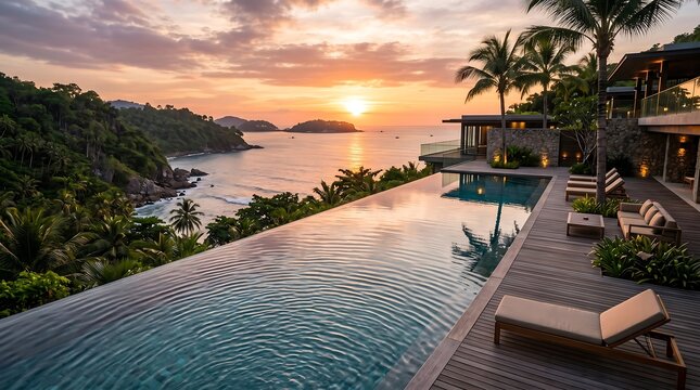Luxurious infinity pool at a tropical resort under a breathtaking sunset, with panoramic ocean views and lush green hills, a perfect serene escape